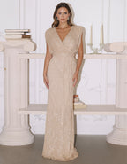 Champagnerfarbenes Pailletten-Maxikleid mit V-Ausschnitt und Fledermausärmeln