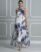 Purple Blue Ink Wash Print Halter Neck Chiffon Maxi Dress