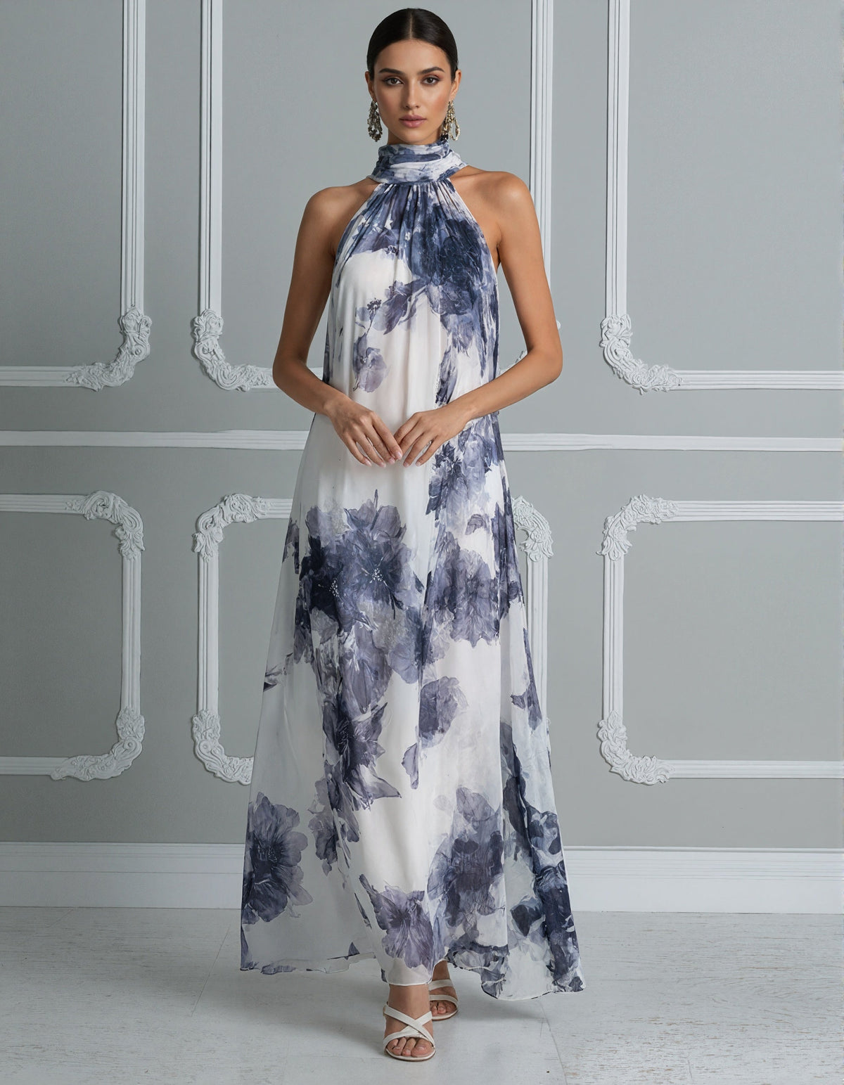 Purple Blue Ink Wash Print Halter Neck Chiffon Maxi Dress