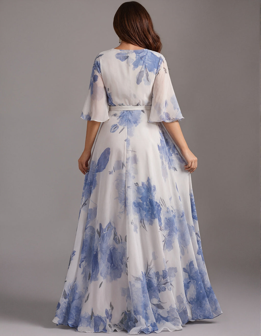 Blue And White Ink-wash Floral V-Neck With Ruffled Sleeves Maxi Dress