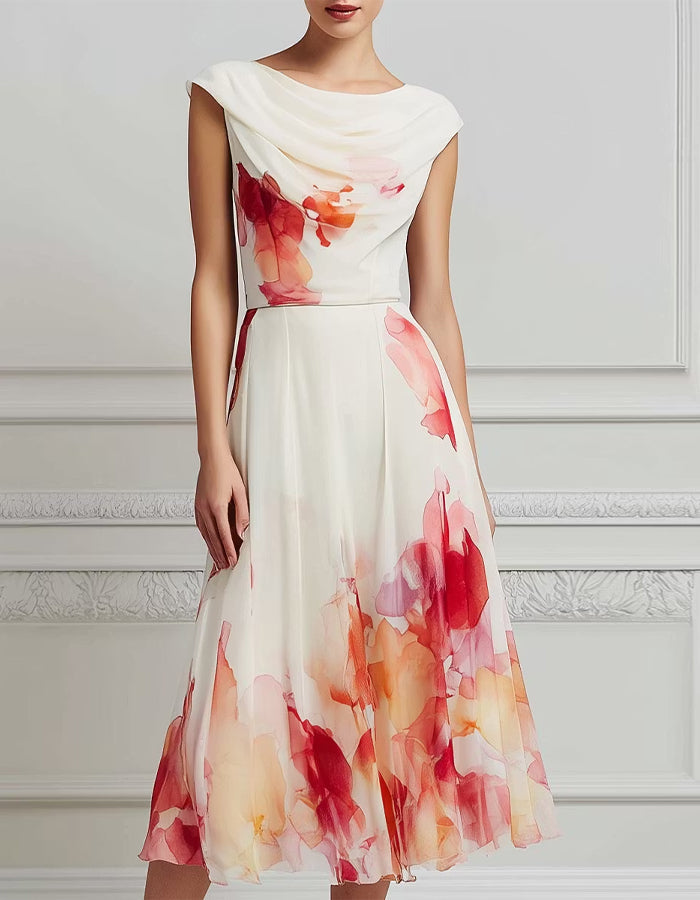 Cremefarbenes Midikleid aus Chiffon mit Neckholder-Ausschnitt und Aquarell-Blumenmuster