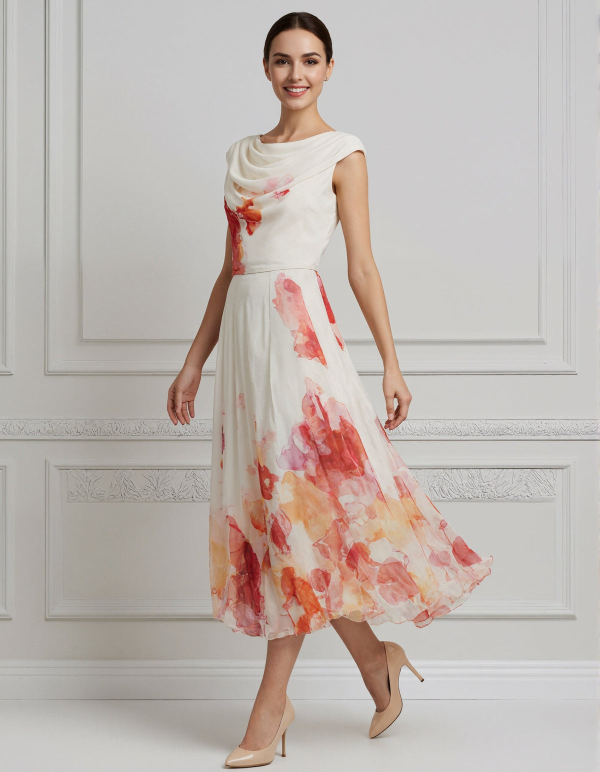Cremefarbenes Midikleid aus Chiffon mit Neckholder-Ausschnitt und Aquarell-Blumenmuster