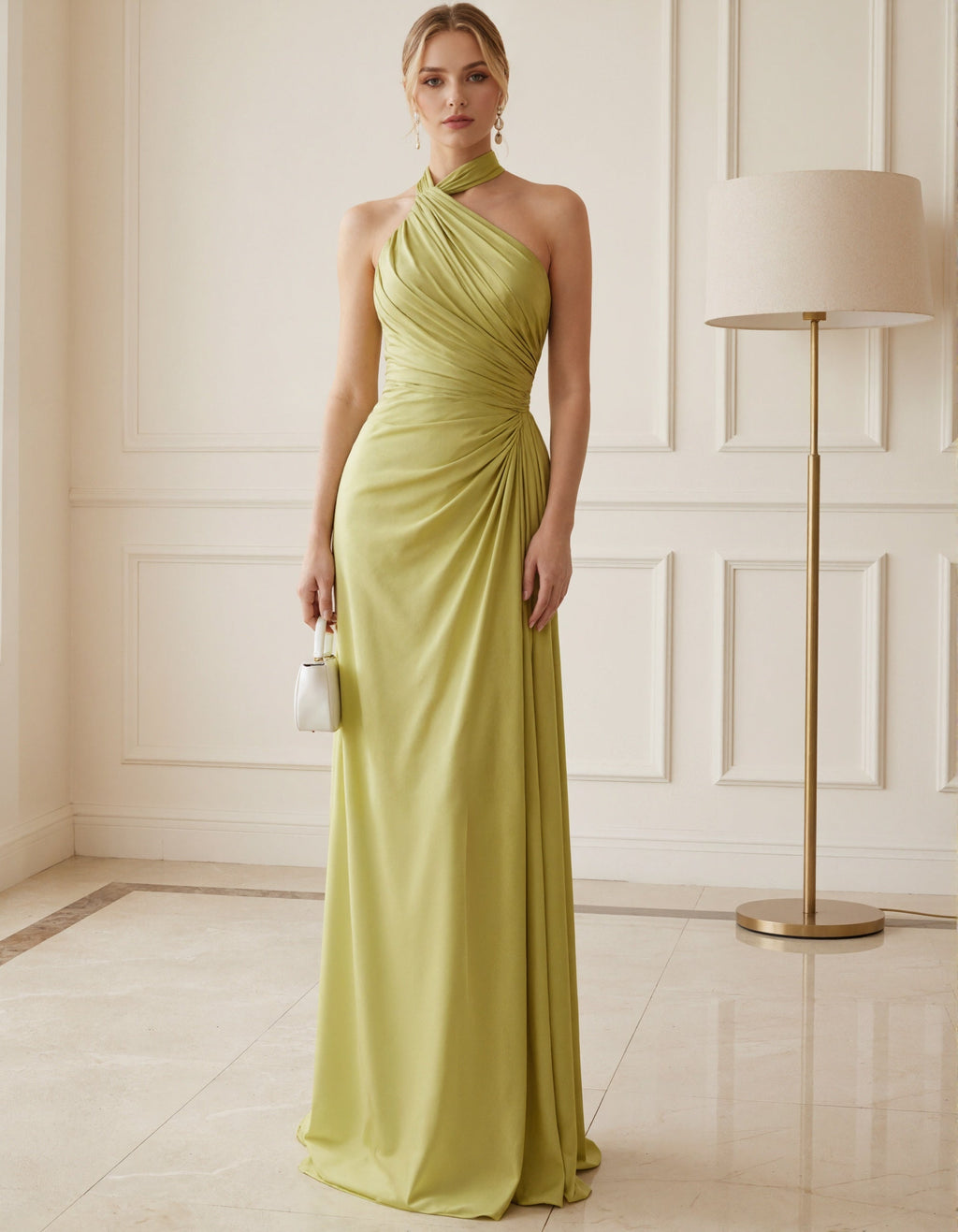 Avocado Green Satin Backless Halter Neck Maxi Dress