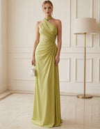 Avocado Green Satin Backless Halter Neck Maxi Dress
