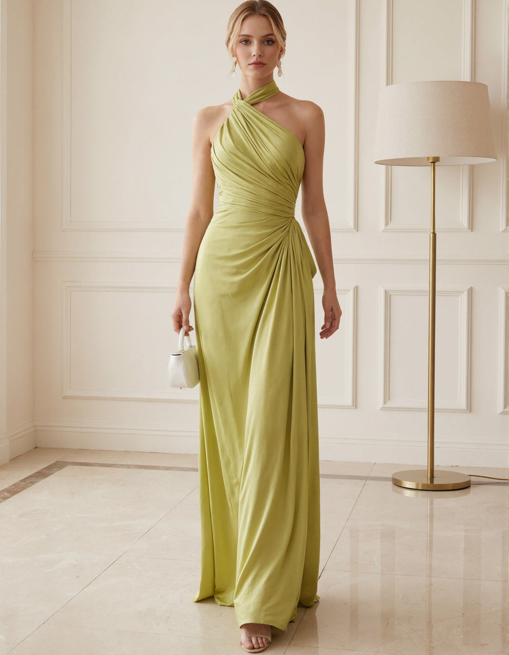 Avocado Green Satin Backless Halter Neck Maxi Dress