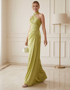 Avocado Green Satin Backless Halter Neck Maxi Dress