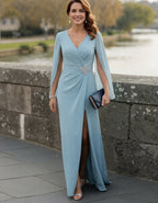 Blue V-Neck Shawl Sleeves Maxi Dress