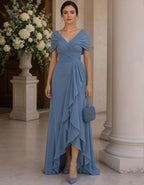 Blue V-Neck Chiffon Ruffles Maxi Dress