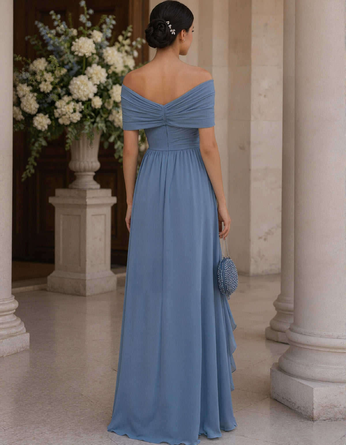 Blue V-Neck Chiffon Ruffles Maxi Dress