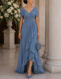 Blue V-Neck Chiffon Ruffles Maxi Dress