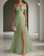 Solid Color Off Shoulder Mesh Ruching And Slit  Maxi Dress