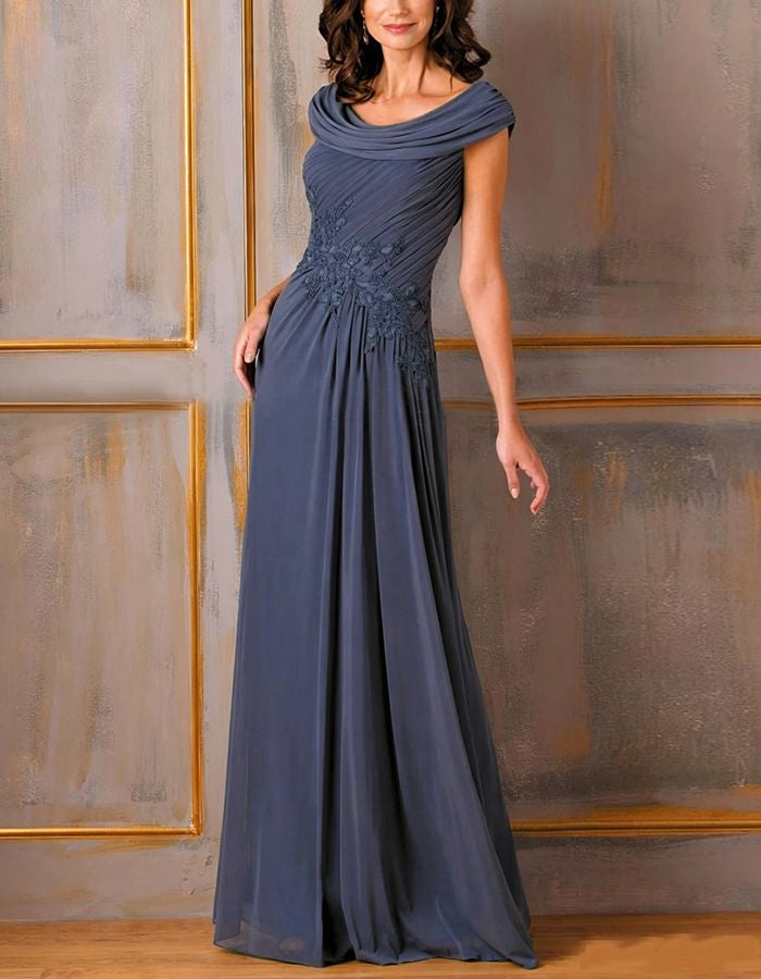 Gray Blue Draped Chiffon Maxi Dress