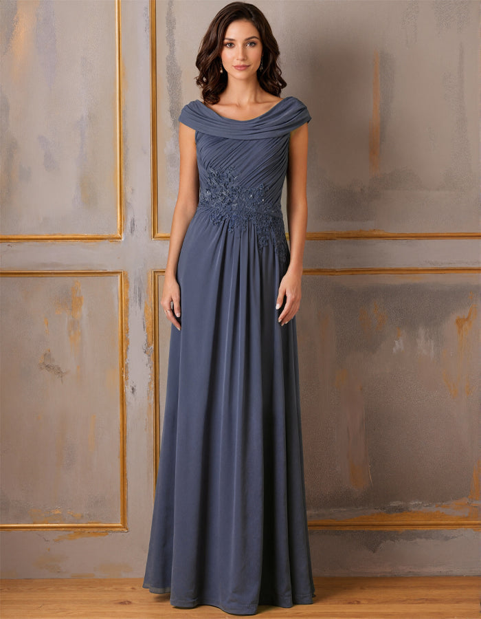 Gray Blue Draped Chiffon Maxi Dress