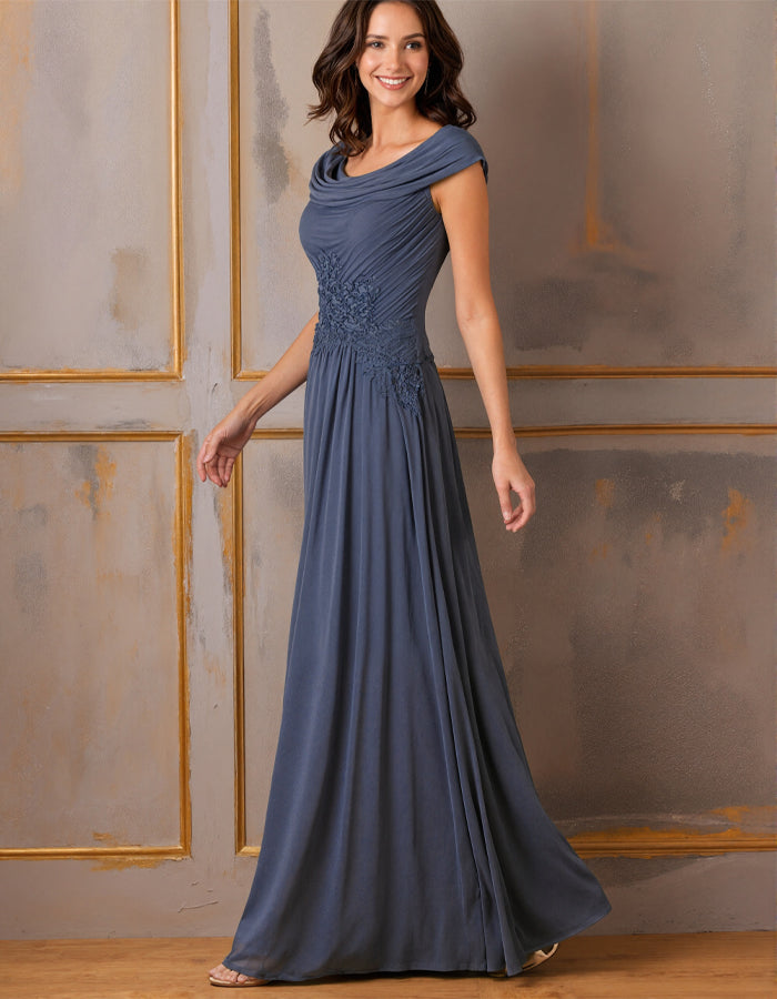 Gray Blue Draped Chiffon Maxi Dress