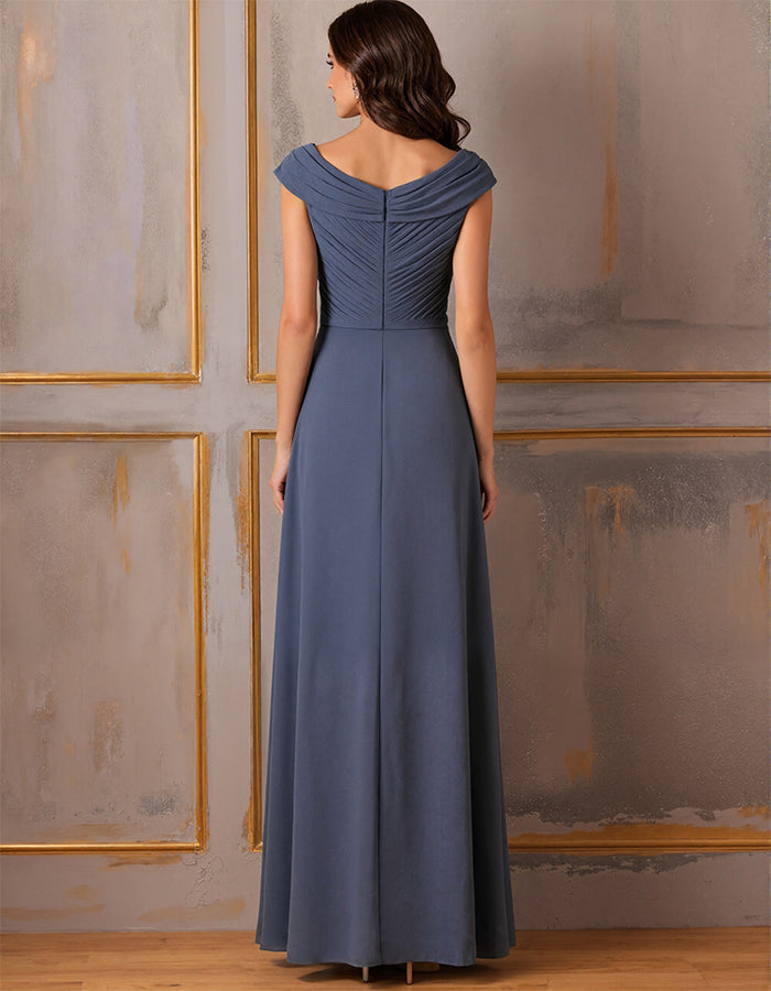 Gray Blue Draped Chiffon Maxi Dress