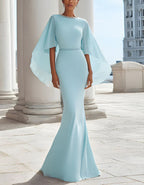 Sky Blue Chiffon Round Neck Sequins Maxi Dress