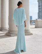 Sky Blue Chiffon Round Neck Sequins Maxi Dress