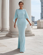 Sky Blue Chiffon Round Neck Sequins Maxi Dress