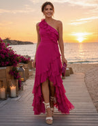 Rose Pink Chiffon One Shoulder Ruffle Maxi Dress