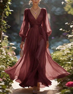 Burgundy Chiffon Deep V Lantern Long Sleeve Tie Maxi Dress