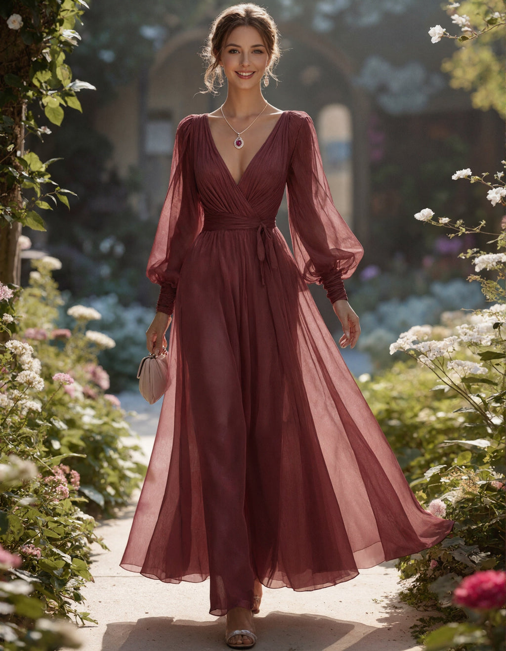 Burgundy Chiffon Deep V Lantern Long Sleeve Tie Maxi Dress