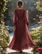 Burgunderrotes Maxikleid aus Chiffon mit tiefem V-Ausschnitt, langen Laternenärmeln und Bindegürtel