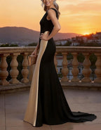 Black And Champagne Color Blocking Maxi Dress