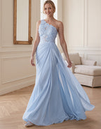 Light Blue Chiffon One Shoulder 3D Floral Lace Maxi Dress