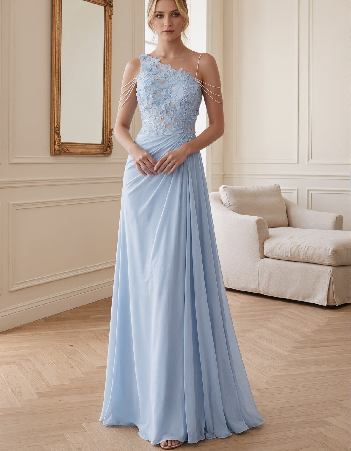 Light Blue Chiffon One Shoulder 3D Floral Lace Maxi Dress