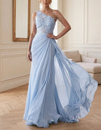 Light Blue Chiffon One Shoulder 3D Floral Lace Maxi Dress