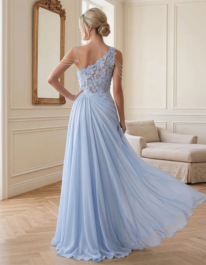 Light Blue Chiffon One Shoulder 3D Floral Lace Maxi Dress