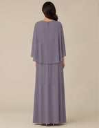 Robe longue violette à col rond en mousseline avec manches châle à épaules drapées