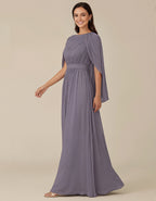 Robe longue violette à col rond en mousseline avec manches châle à épaules drapées