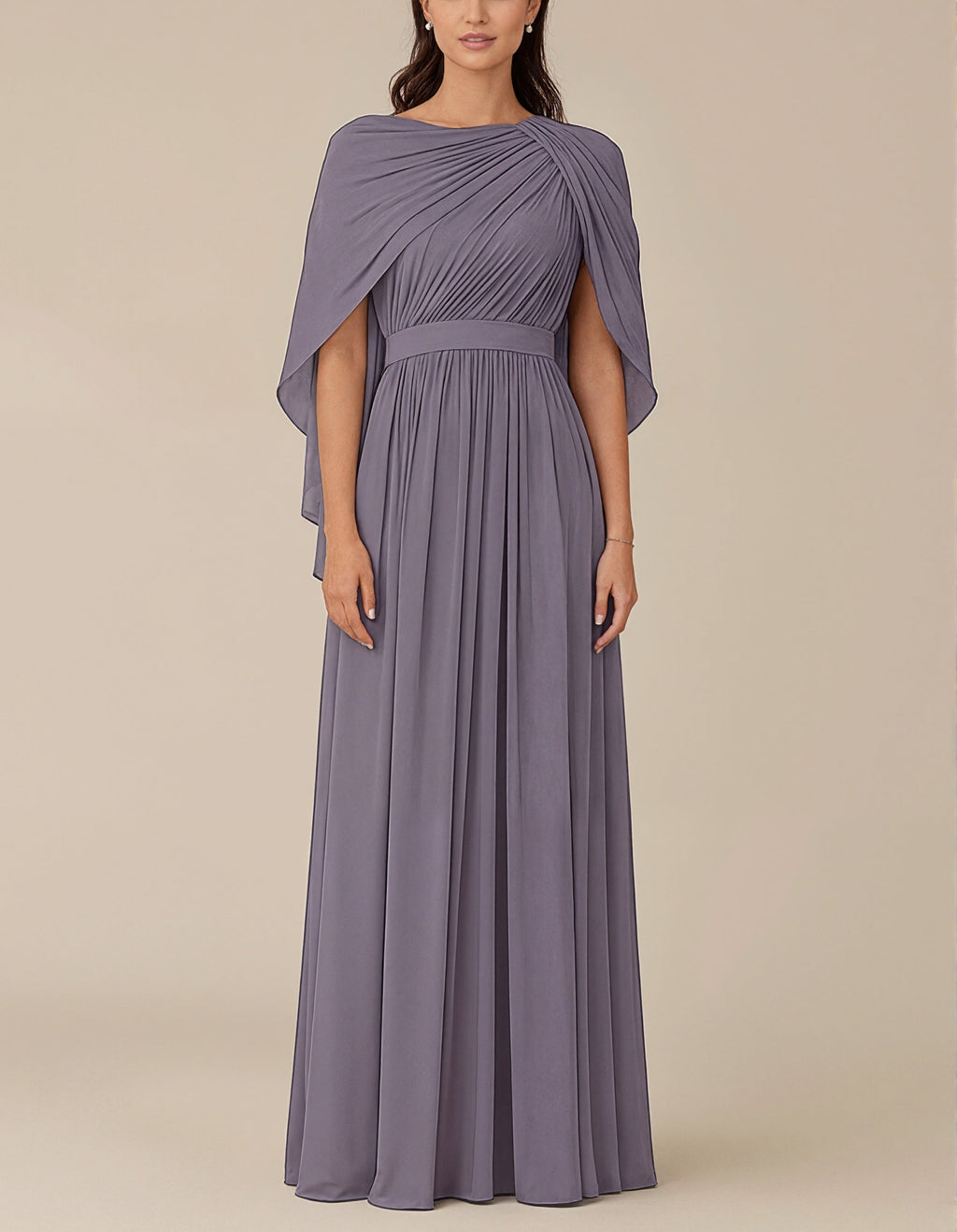 Robe longue violette à col rond en mousseline avec manches châle à épaules drapées