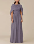Robe longue violette à col rond en mousseline avec manches châle à épaules drapées