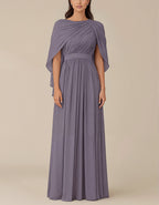 Robe longue violette à col rond en mousseline avec manches châle à épaules drapées