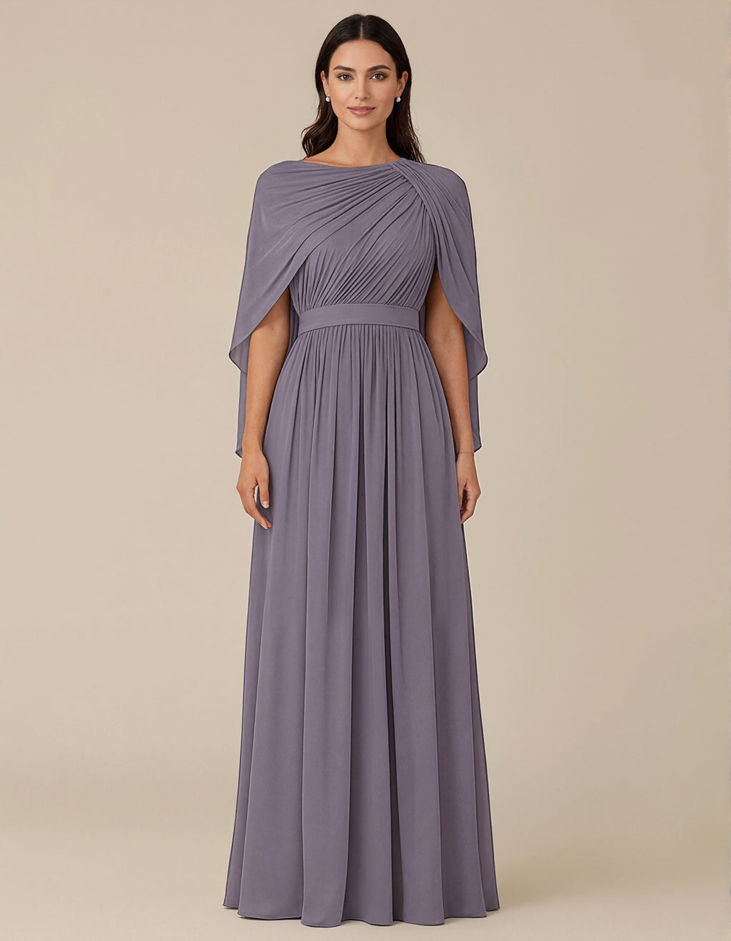 Robe longue violette à col rond en mousseline avec manches châle à épaules drapées