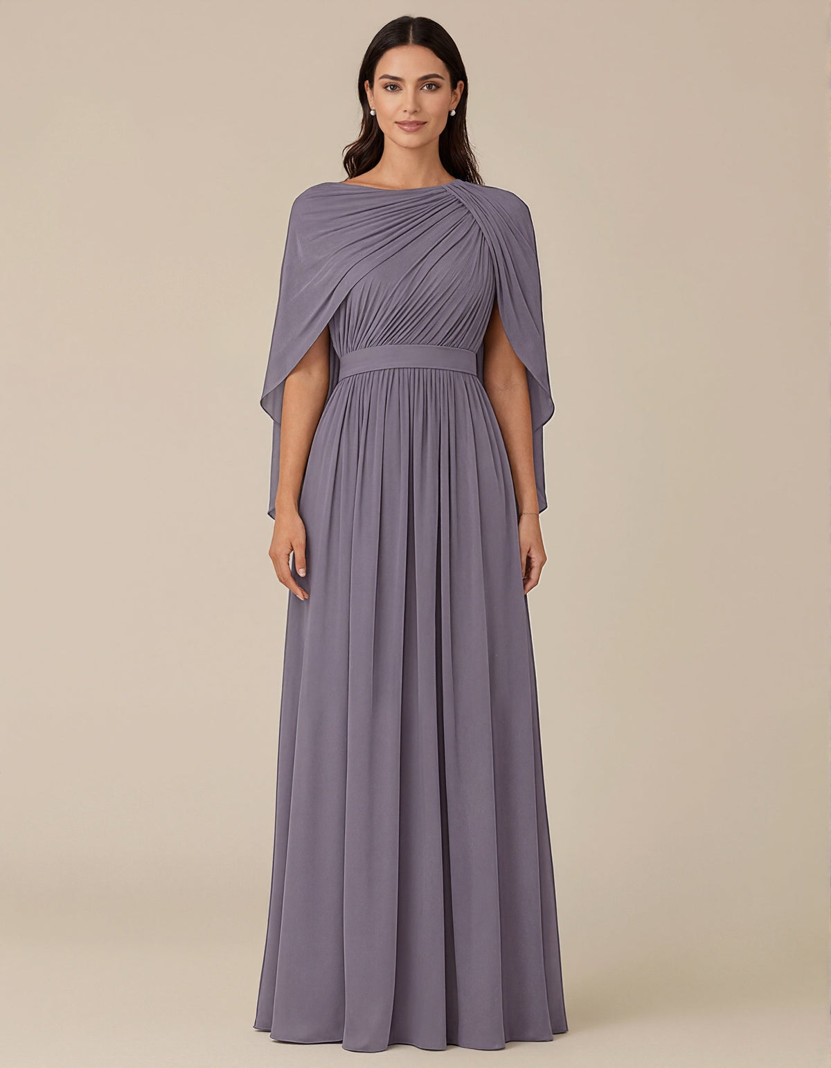 Robe longue violette à col rond en mousseline avec manches châle à épaules drapées