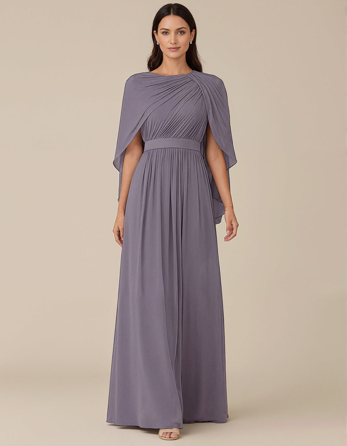 Robe longue violette à col rond en mousseline avec manches châle à épaules drapées