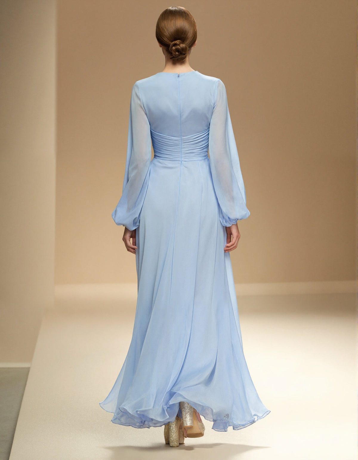 Light Blue Chiffon Round Neck Lantern Long Sleeve Maxi Dress