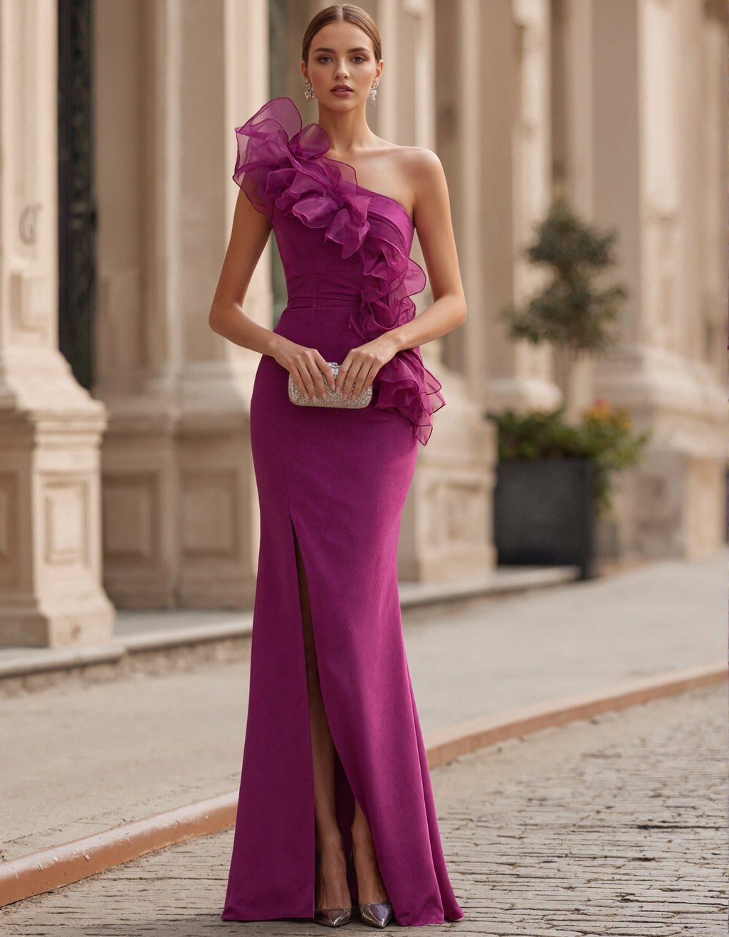 Abito lungo monospalla in organza rosa con volant 3D