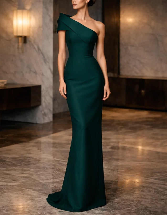 Robe longue à épaules dénudées en satin vert foncé