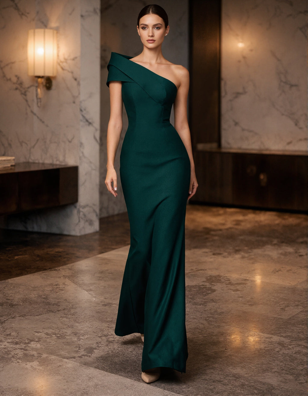 Robe longue à épaules dénudées en satin vert foncé