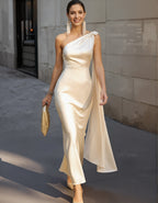 Champagne Satin Shoulder Maxi Dress