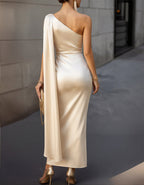 Champagne Satin Shoulder Maxi Dress