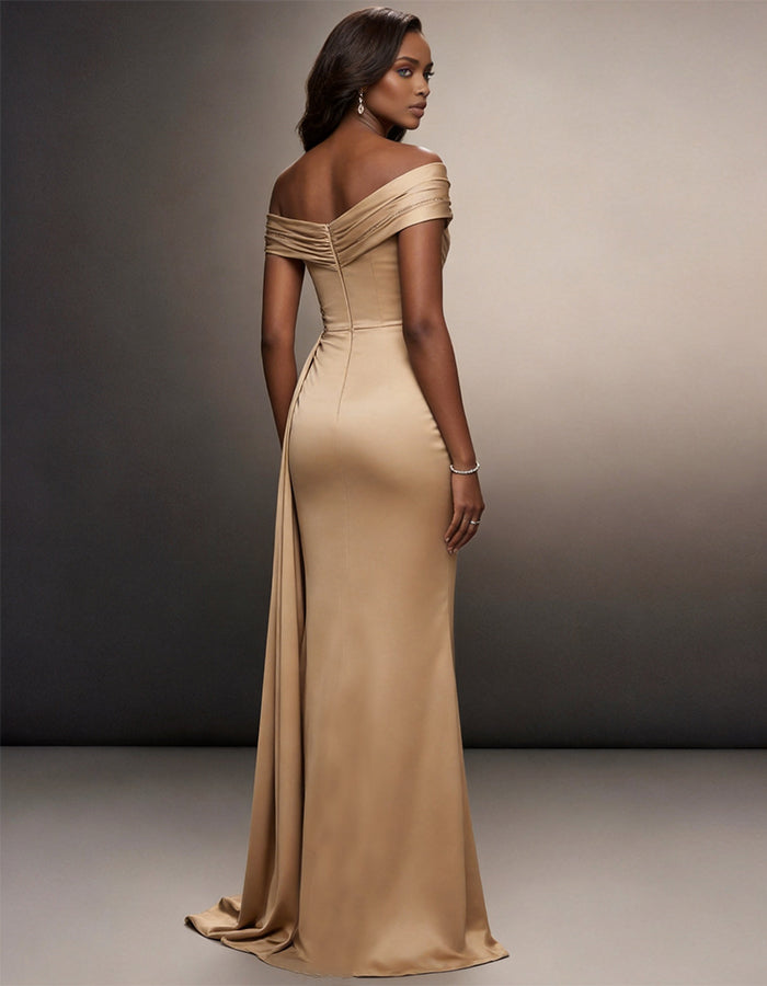 Champagne Satin Off Shoulder Maxi Dress