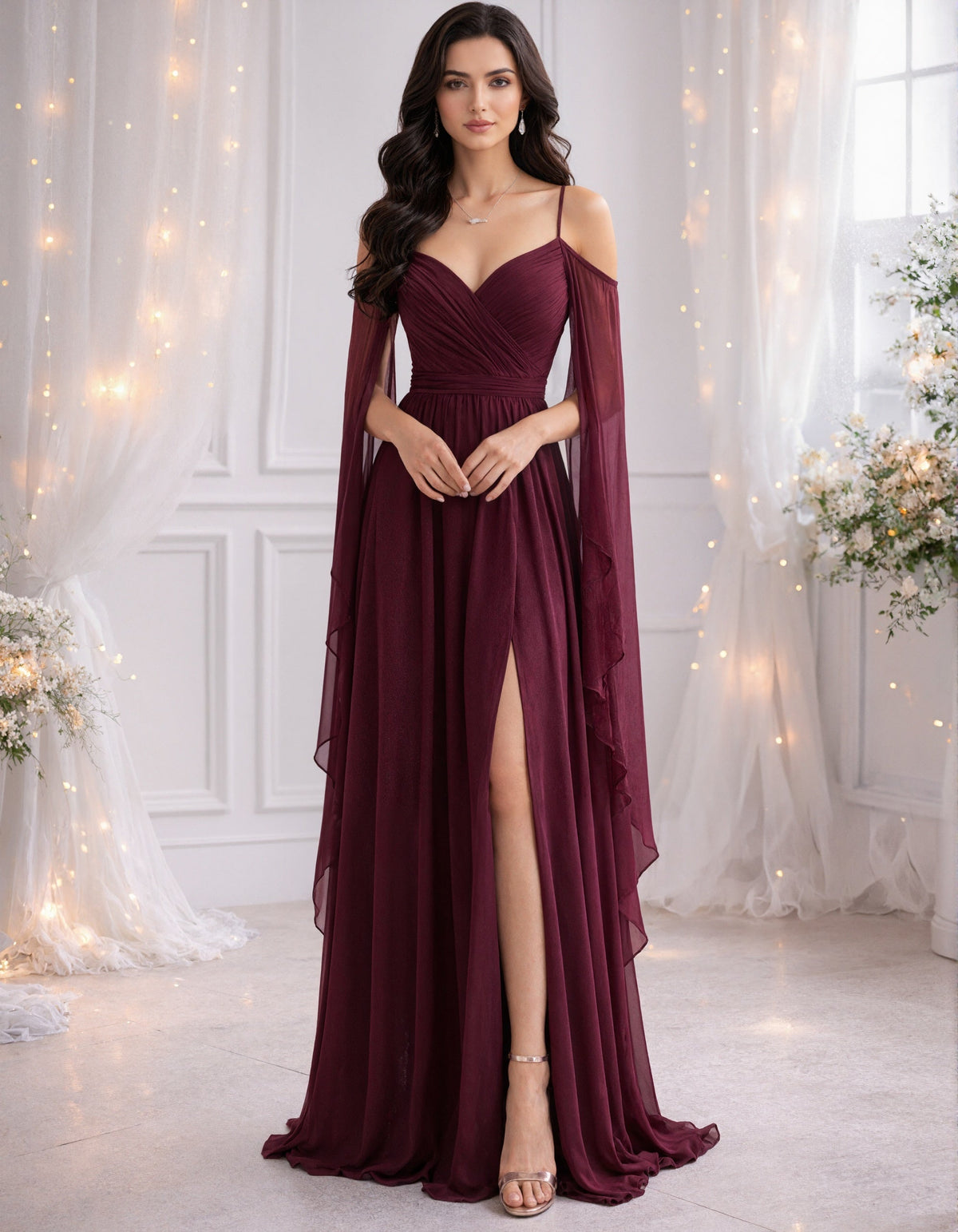 Burgundy Chiffon Off Shoulder Camisole Maxi Dress