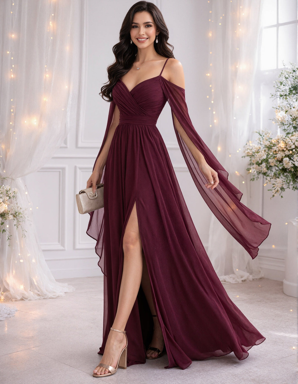 Burgundy Chiffon Off Shoulder Camisole Maxi Dress