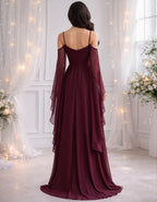 Burgundy Chiffon Off Shoulder Camisole Maxi Dress