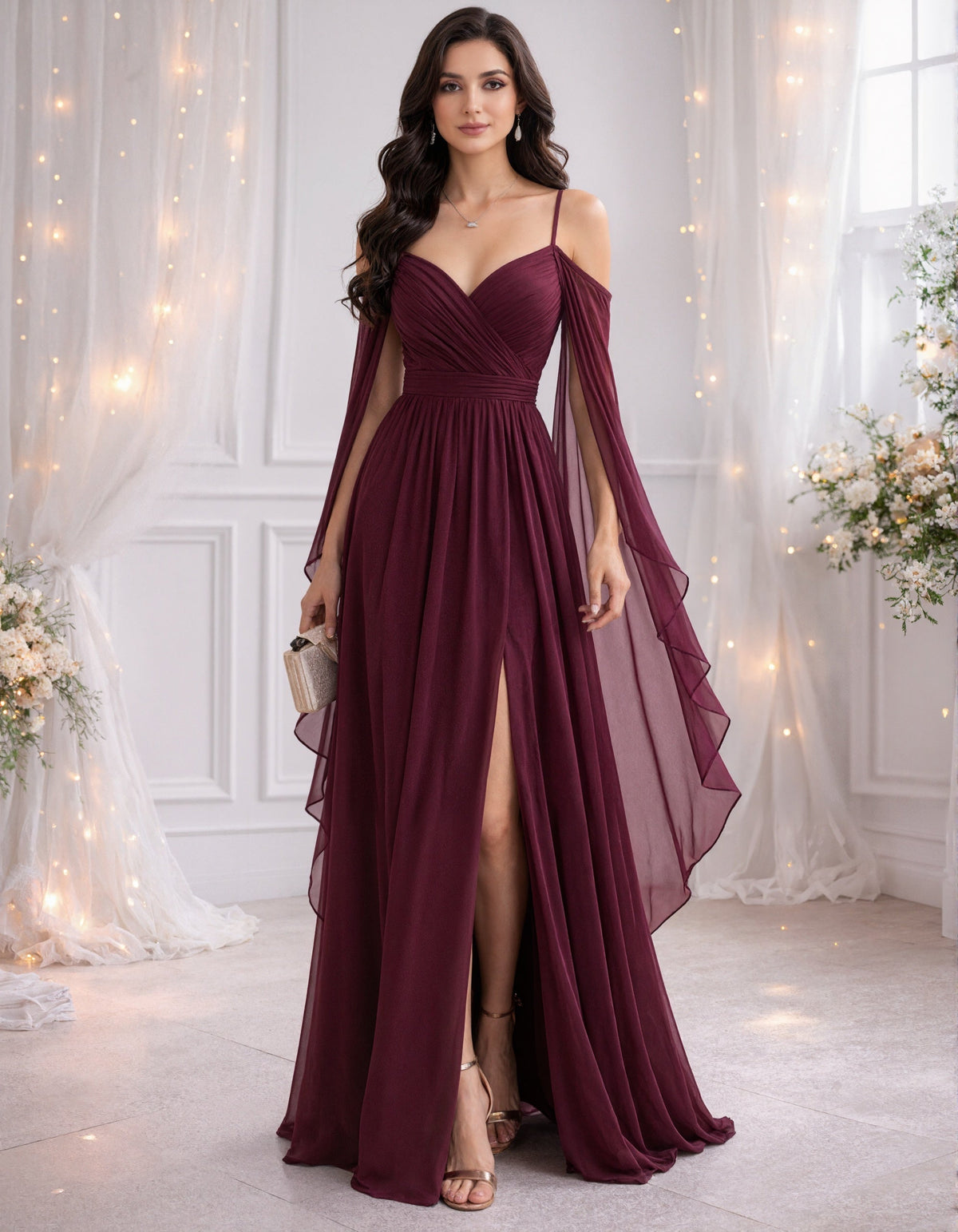 Burgundy Chiffon Off Shoulder Camisole Maxi Dress